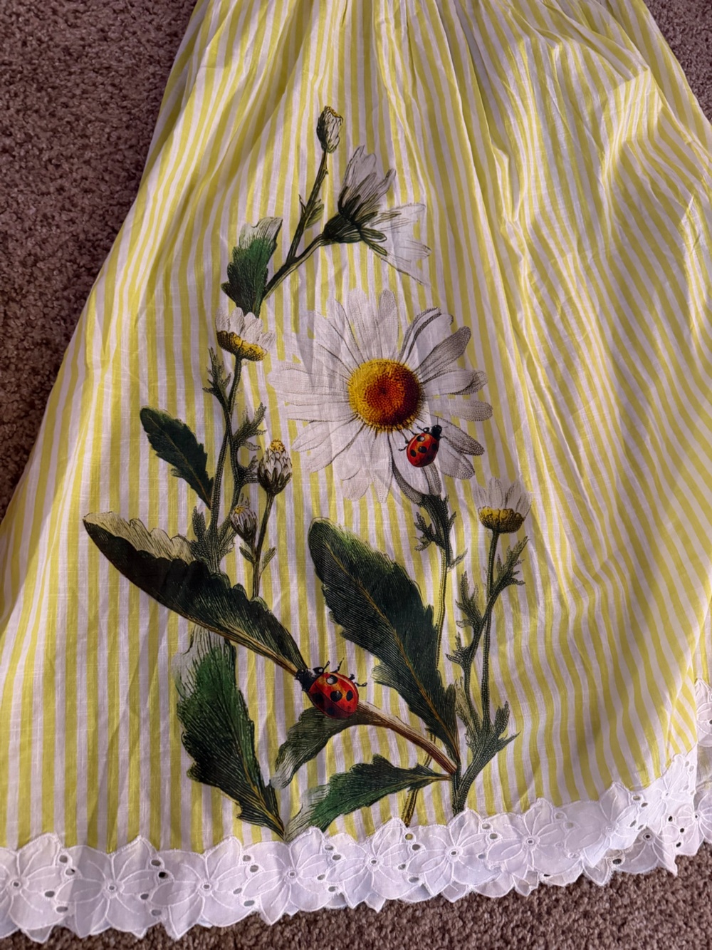 Anthropologie Lyrebird Yellow Striped Midi Dress floral trim Ladybug Print Sz L - Picture 8 of 14